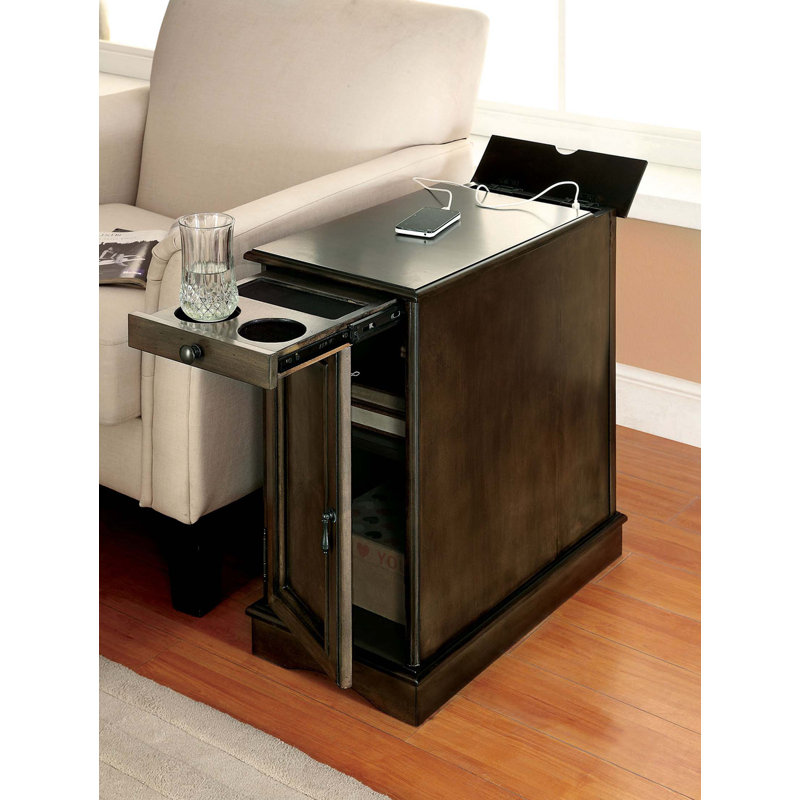 Transitional Side Table Storage Cabinet Pull Out Cup Holder And Built In USB Outlet