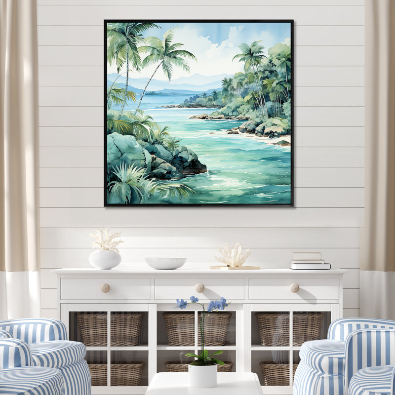 Tropical Beach Escape 1 - Art mural côtier tropical, Cadre flottant noir, 36" H x 36" W