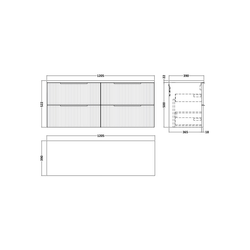 Fluted 121.5cm Double Bathroom Vanity Base Only, Soft Black
