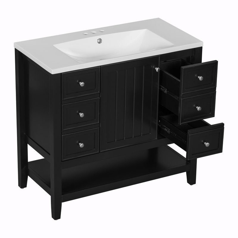 Shamora 36'' Single Bathroom Vanity with Solid Wood+MDF Top, Black