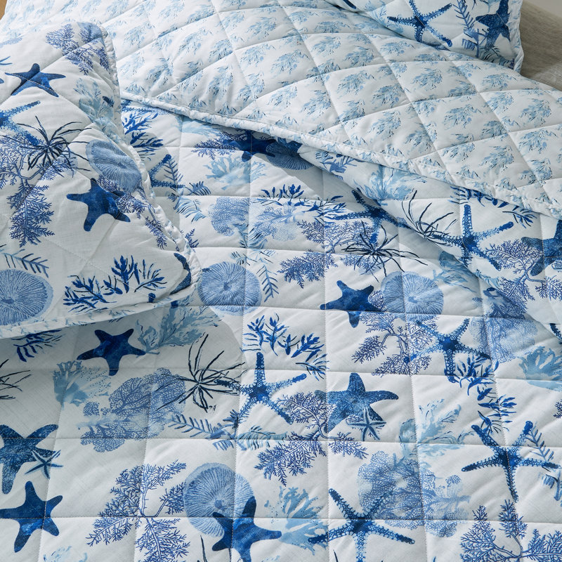 King Blue Microfiber Reversible Coastal Quilt Set