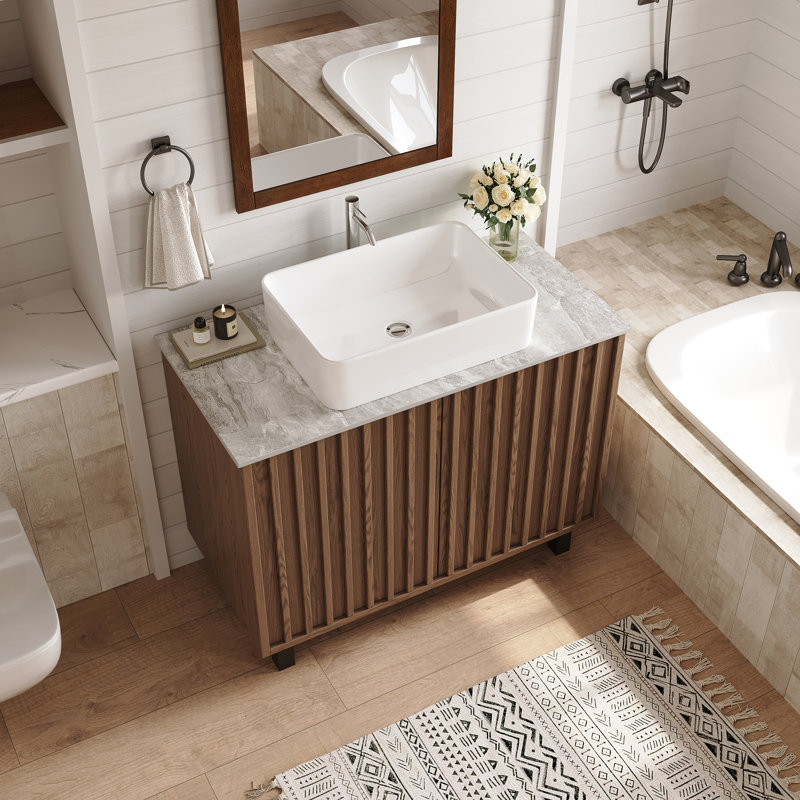 Base de meuble-lavabo de 36 po en noyer brun rétro avec comptoir en pierre, lavabo en céramique, drain inclus et tablette réglable