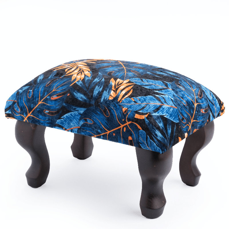 Gravitte 38cm Wide Velvet Rectangle Floral Footstool Ottoman, Wenge, Blue