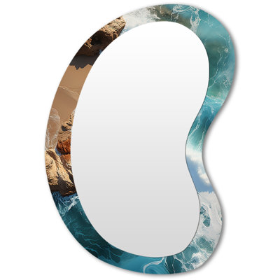 Coral Dreams coastal Aerial Views  IV - Beach Asymmetrical Decorative Mirror, Blue Unique Shape Wall Mirror, Printed Metal Art