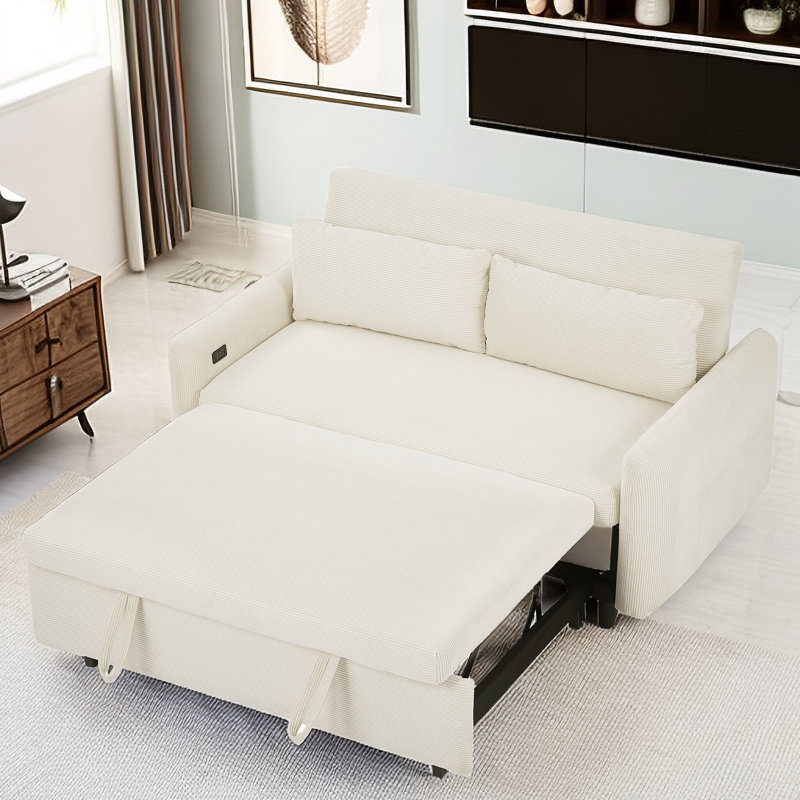 Isel 57'' Sofa Bed Sleeper Loveseat with USB Port and Two Pillows, Beige Corduroy