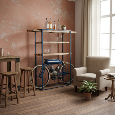 Bibliothèque à trois niveaux 72 "en acier inoxydable et bois vieilli bleu et brun