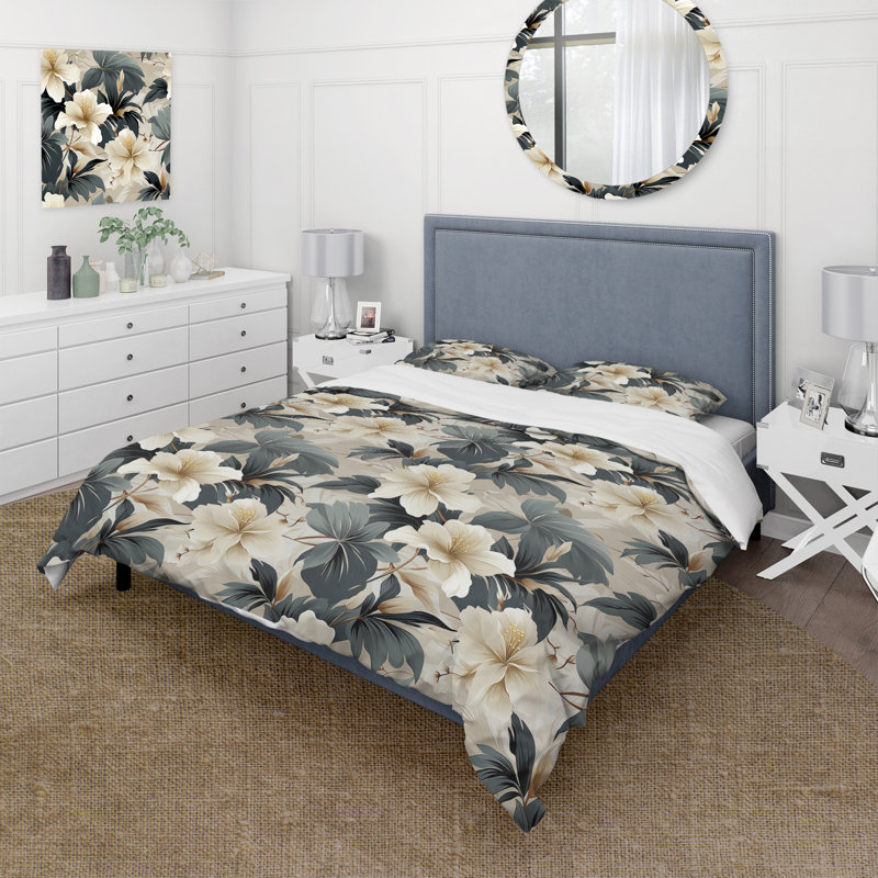 Literie monochrome à motif tropical Serenity II, Housse de couette pour très grand lit et 2 très