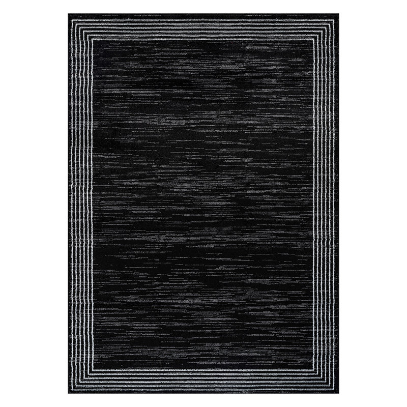 Geometric Border Black/Ivory Minimal Indoor Woven Area Rug, Rectangle 5' x 7'