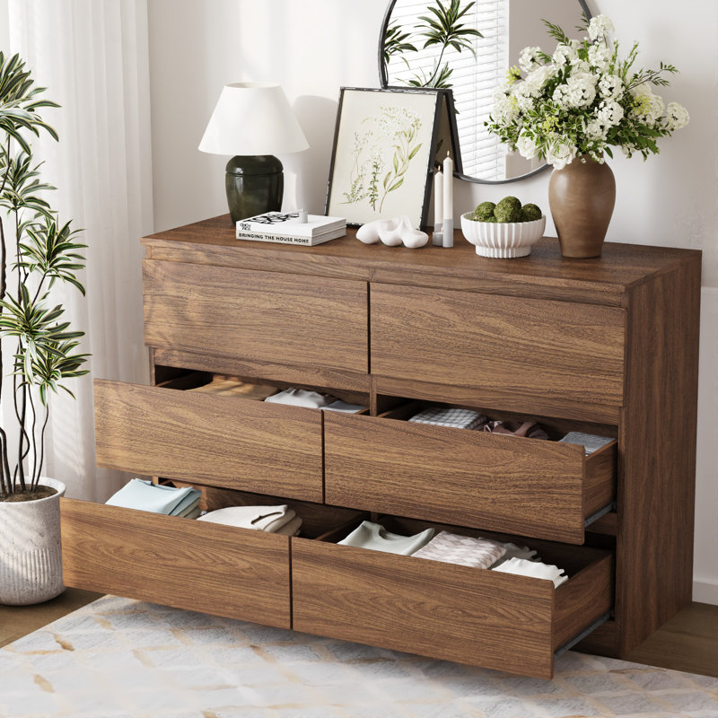 Commode moderne 47,2 po en bois avec 6 tiroirs, Noyer