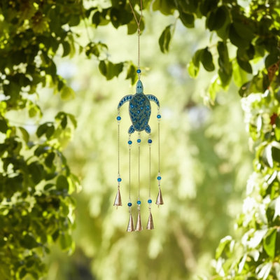 Bells and Windchimes Wood Glass Metal Turtle Design with Beads and Bells Indoor Outdoor Garden Decor - 31" Blue