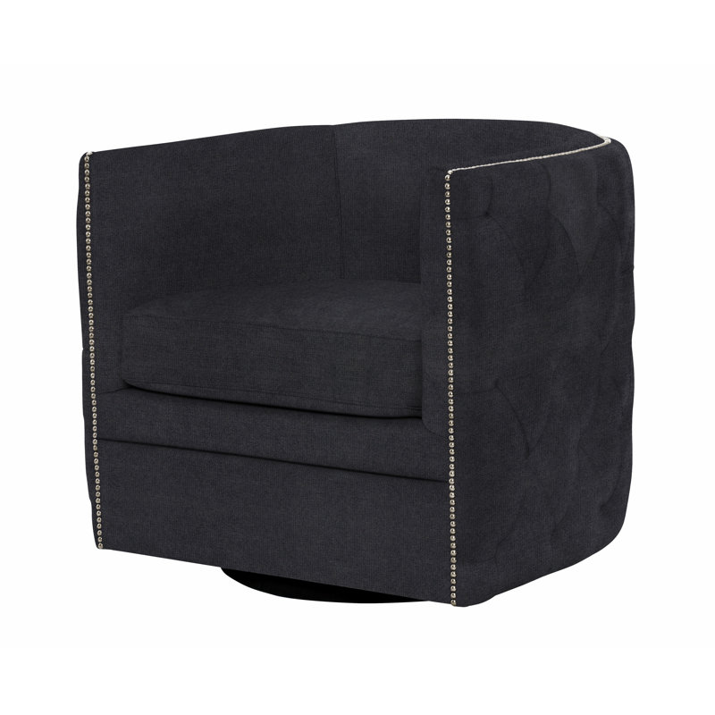 Palazzo 31.5'' Wide Tufted Swivel Barrel Chair, Akiko Graphite Performance 5534-011, Bright Nickel