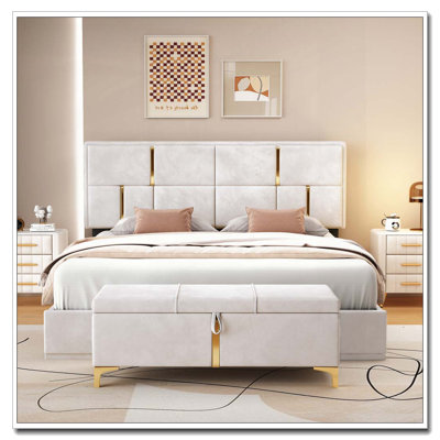 Ensemble de chambre à coucher 2 pièces, lit plateforme tapissier grand avec système de rangement hydraulique, repose-pieds de rangement avec pieds en métal, beige