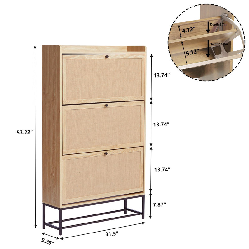 Modern Narrow Flip-Drawer Shoe Cabinet, Natural