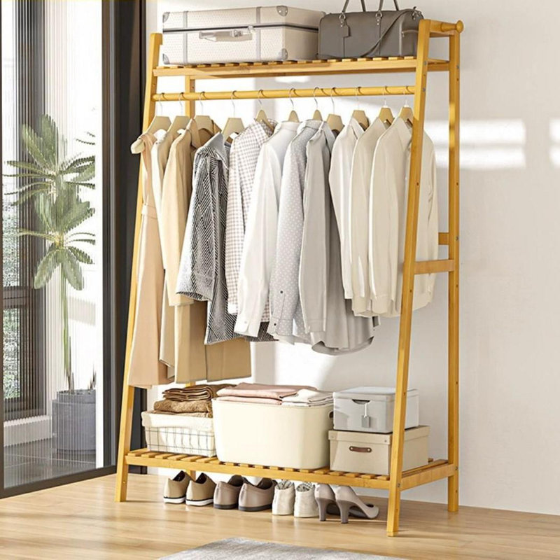 Portant à vêtements en bois de bambou avec portemanteaux et portemanteaux