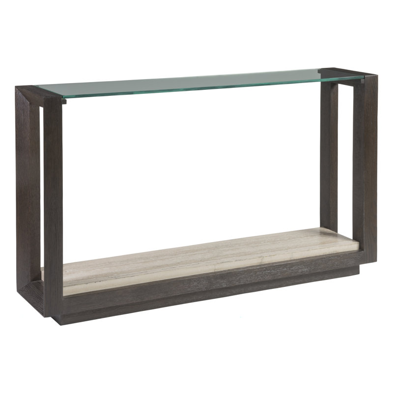Contemporary Mocha Brown Oak & Glass Console Table with Travertine Shelf