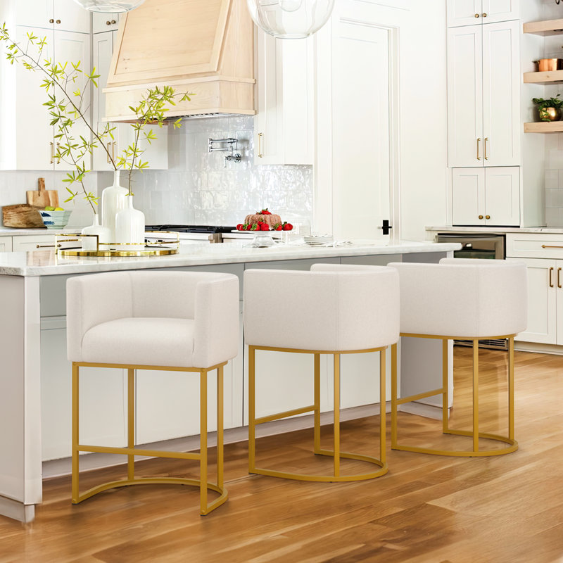 Upholstered Counter Stool, Beige Linen/ Gold Frame