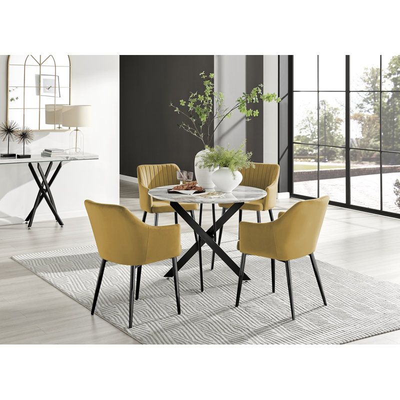 Tierra Modern Chrome Metal & Glass Round Dining Table Set with 4 Luxury Button Velvet Chairs, Glass, Mustard