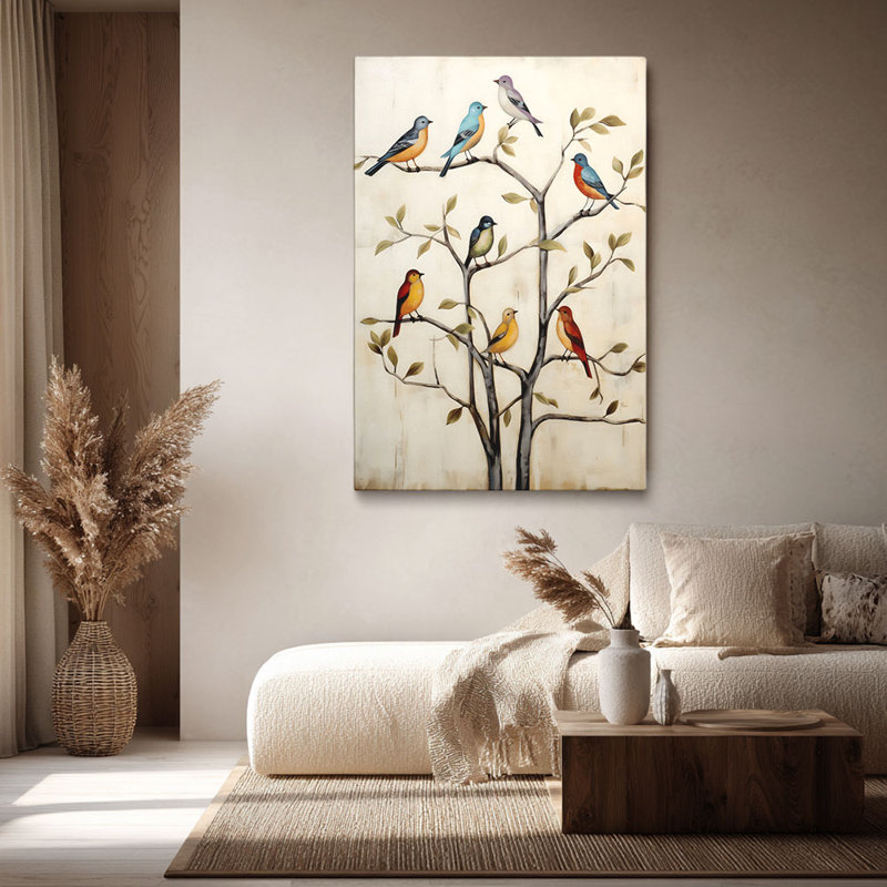 Rustique «Colorful Birds on Minimalist Tree (Neutral Tone)», art mural tendu sur toile tendue pour studio confortable