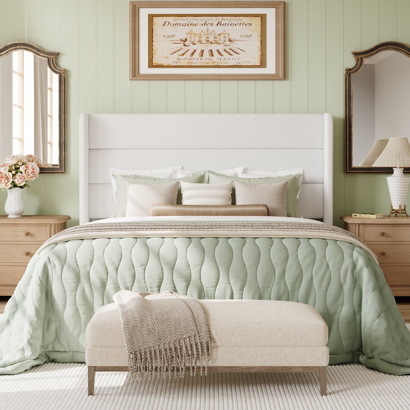 Chic Upholstered Platform Wingback Bed Frame No Box Spring Needed, Full, White