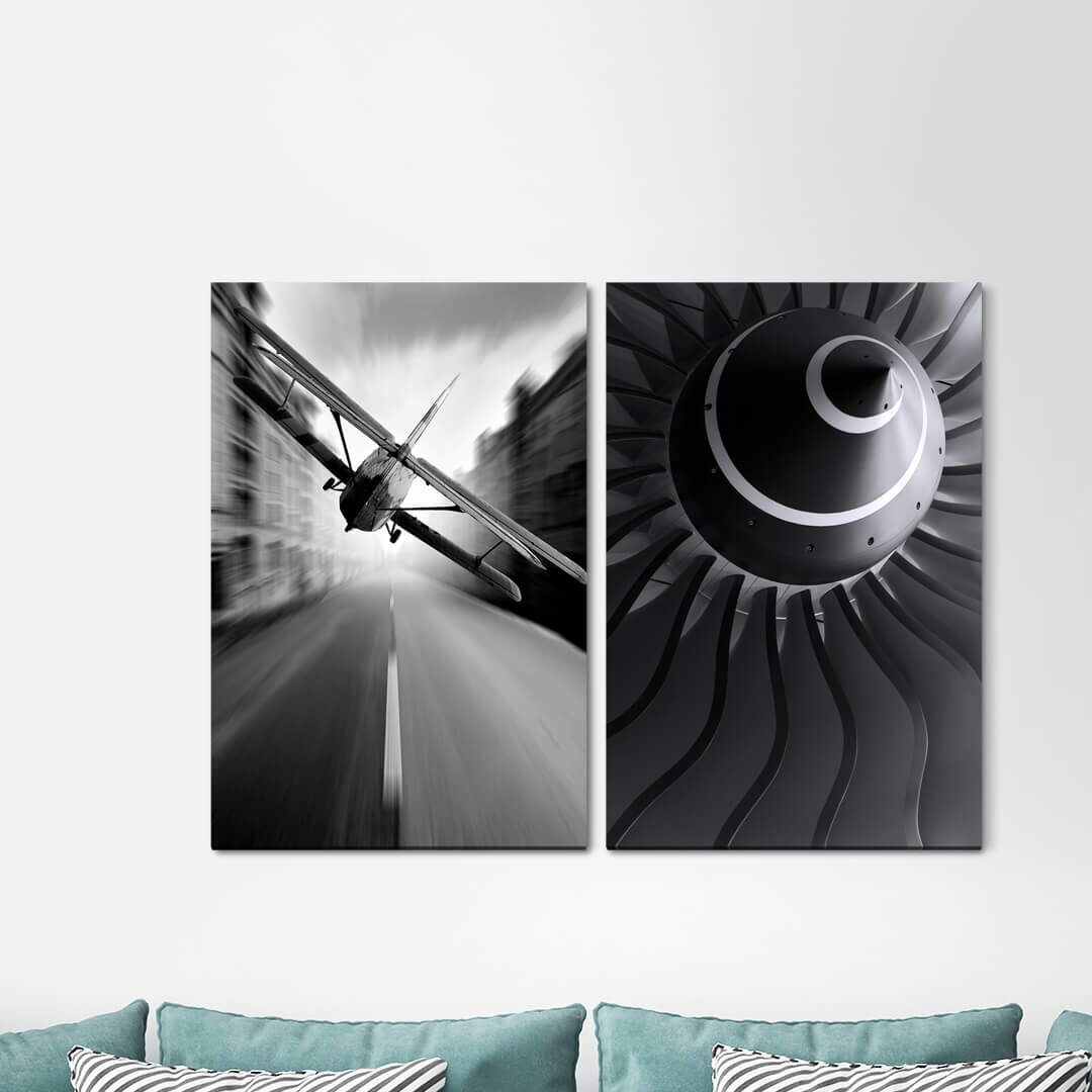 2-tlg. Leinwandbilder-Set - Grafikdruck „Plane Turbine Propeller Schwaz White Flying Spiral”