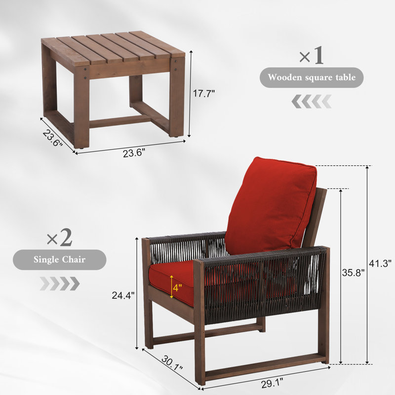 Mobilier de patio, ensemble de salle à manger en bois 3 pièces avec 2 fauteuils et table carrée en bois, Rouge
