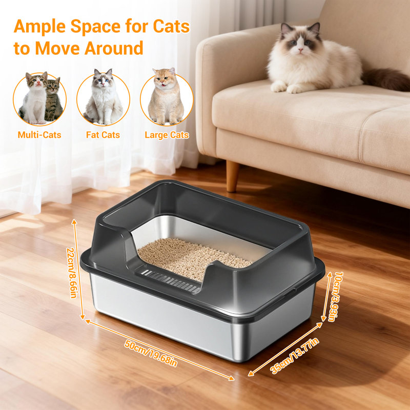 Bac à litière en acier inoxydable avec couvercle pour chats, fond antiadhésif anti-urine haut de gamme avec pelle, Noir