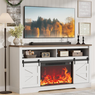 Meuble télé avec foyer blanc vif - console multimédia 26 po avec porte de grange coulissante, armoire de rangement et tablettes réglables pour téléviseur de 65 ans et plus