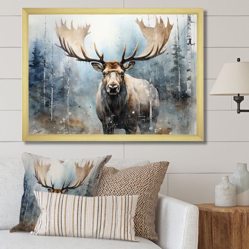 Orignal majestueux dans la forêt - orignal, art mural, H 16 po x l 32 po x P 1 po, Cadre doré simple