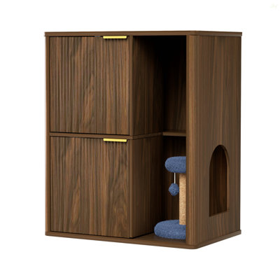 31.5-Inch Cat Litter Cabinet With Cat Tree - Grooved Concealed Litter Furniture Featuring Dual Cat Doors And Storage Shelves, Versatile Pet Cabinet For Living Rooms Or Bedrooms