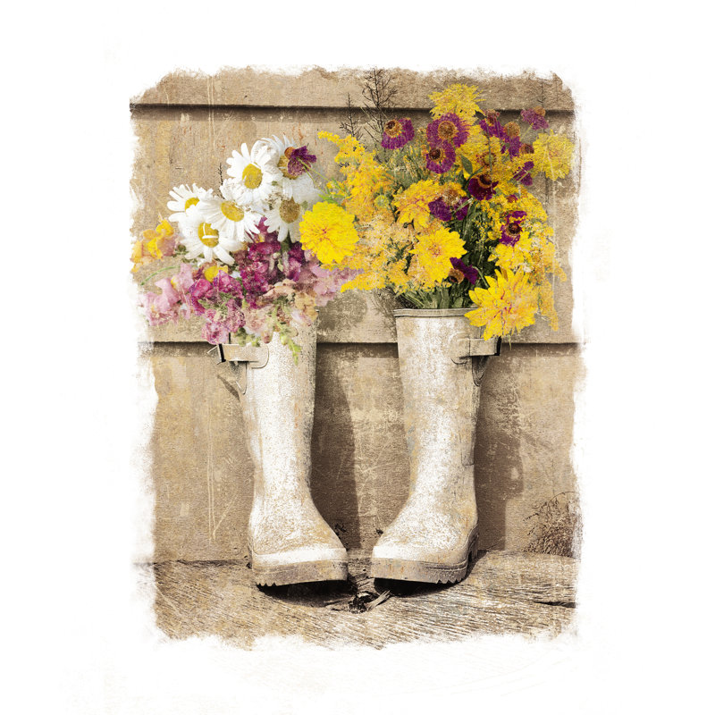 Old Boots and Flowers - Painting Print, 46cm H x 30cm W, Black Floater Framed