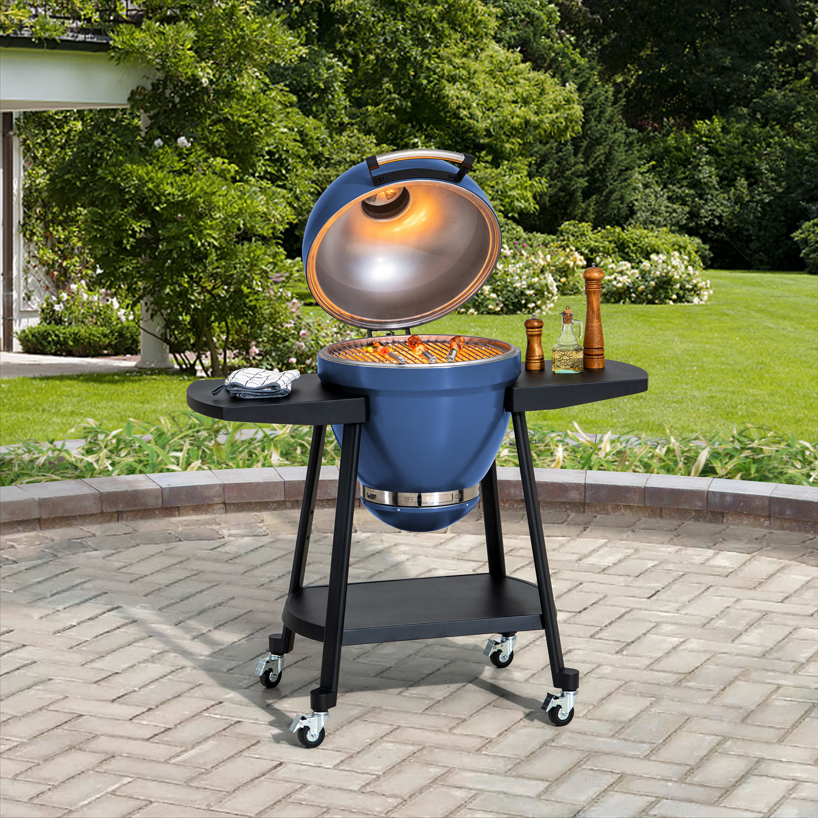 Kamado Grill with Pizza Stone, Navy Blue