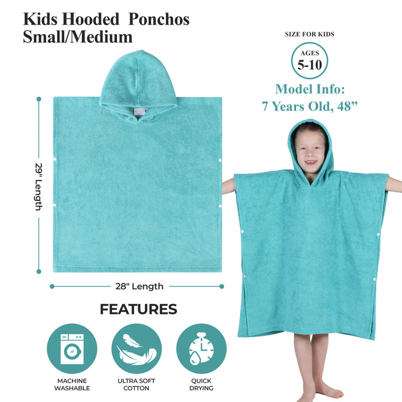 Serviettes de bain unisexes courtes en ratine de coton pour enfants avec poches et capuchon Extli, L 25 pi, Bleu sarcelle