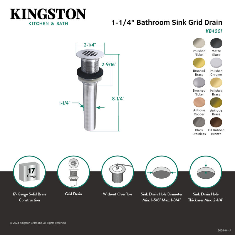 Kingston Brass Grid Bathroom Sink Drain without Overflow, 17 Gauge, Black Stainless