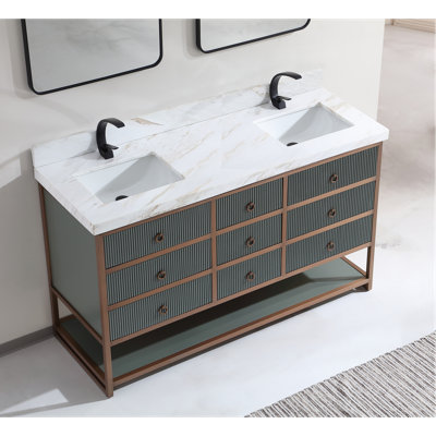 Meuble-lavabo double 72 po avec cadre en acier inoxydable brossé doré et finition tricorne noire avec comptoir en pierre naturelle de 2 pi d'épaisseur