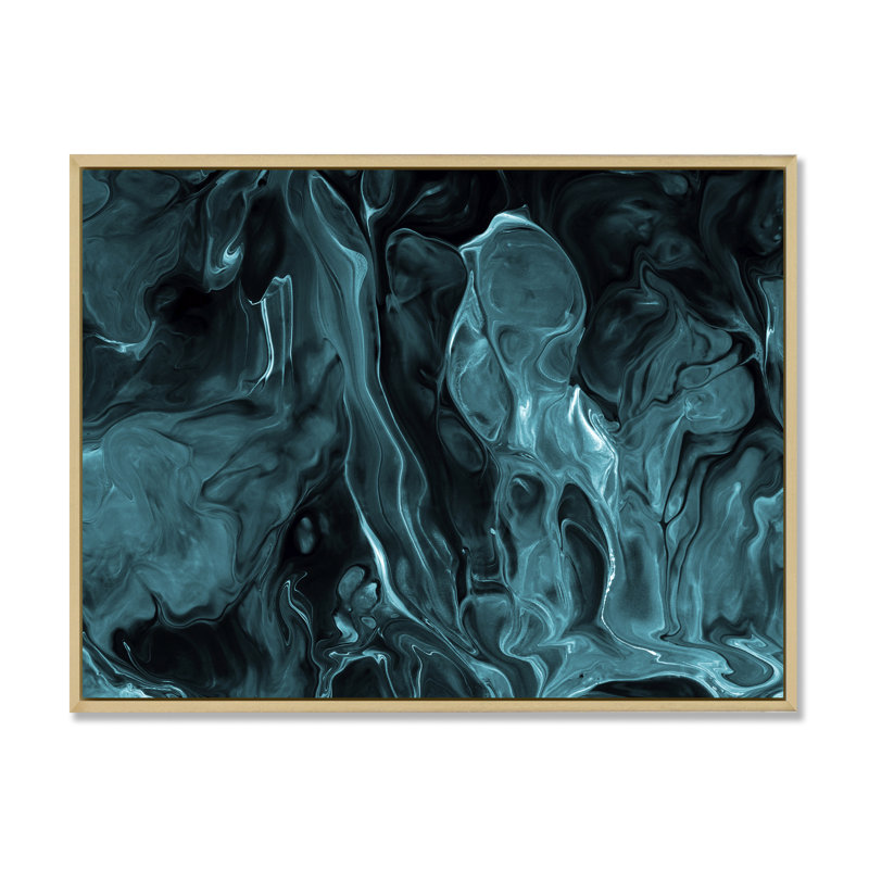«Turquoise Creative Abstract Dark I», peinture sur toile, H 30 po x l 40 po, Cadre flottant érable