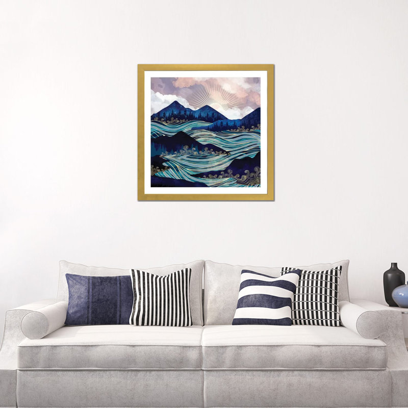 Ocean Sunrise - impression d'art graphique, Blanc, H 24 po x l 24 po x p 1 po, Papier encadré doré