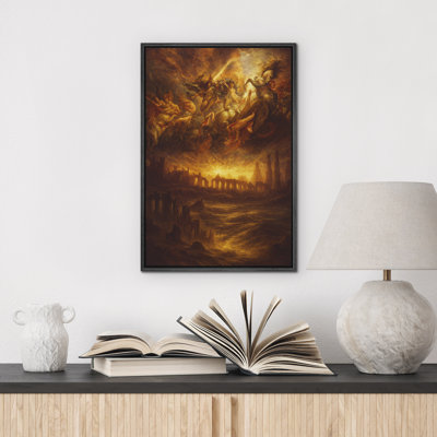 Dramatic Mythological Battle Framed Canvas Wall Art - Fiery Classical Painting with Warriors and Horses, Dark Fantasy Style Framed Art Print for Living Room, Study, or Office Decor