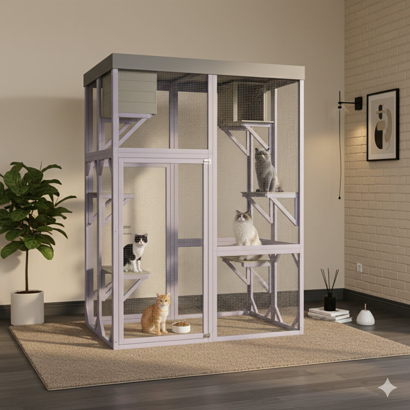 Enceinte polyvalente en bois pour l'extérieur, comprenant quatre plateformes d'escalade et deux compartiments pour la sieste - équipée de deux serrures de sécurité robustes, d'une construction à coins arrondis, d'une cage intérieure spacieuse pour jouer et se reposer