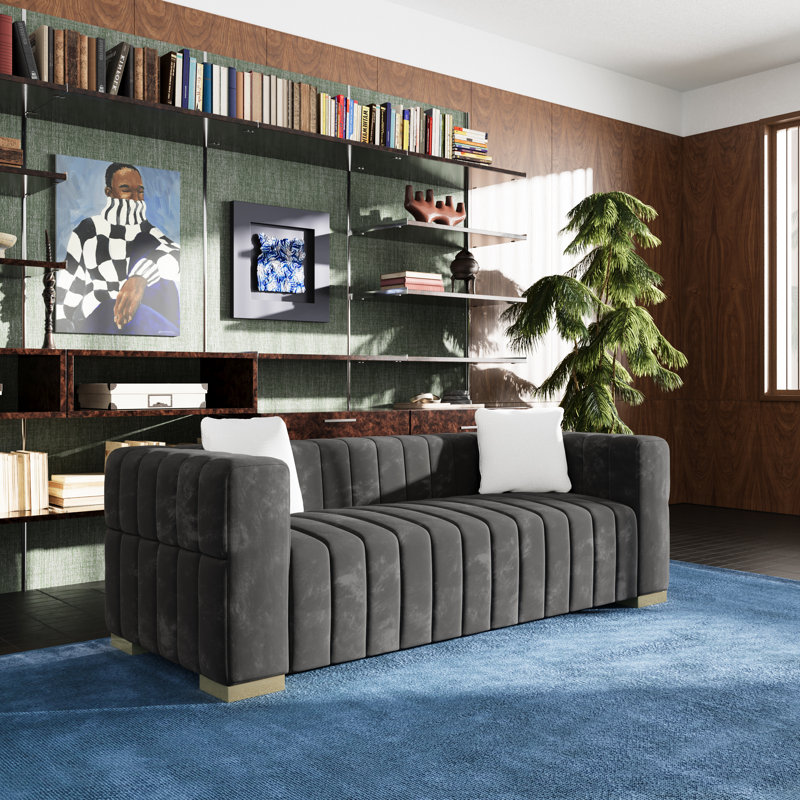 Charlesworth 82'' Velvet Sofa, Gray, Gold