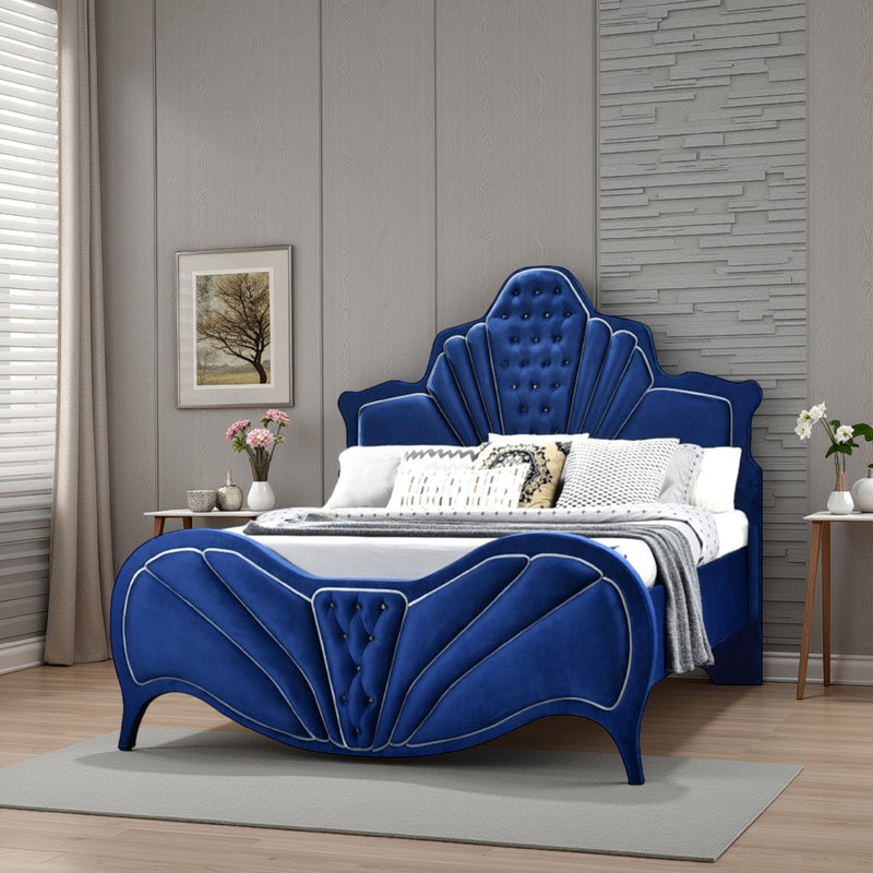 Lit plateforme tapissier touffeté Jument, Bleu, Grand