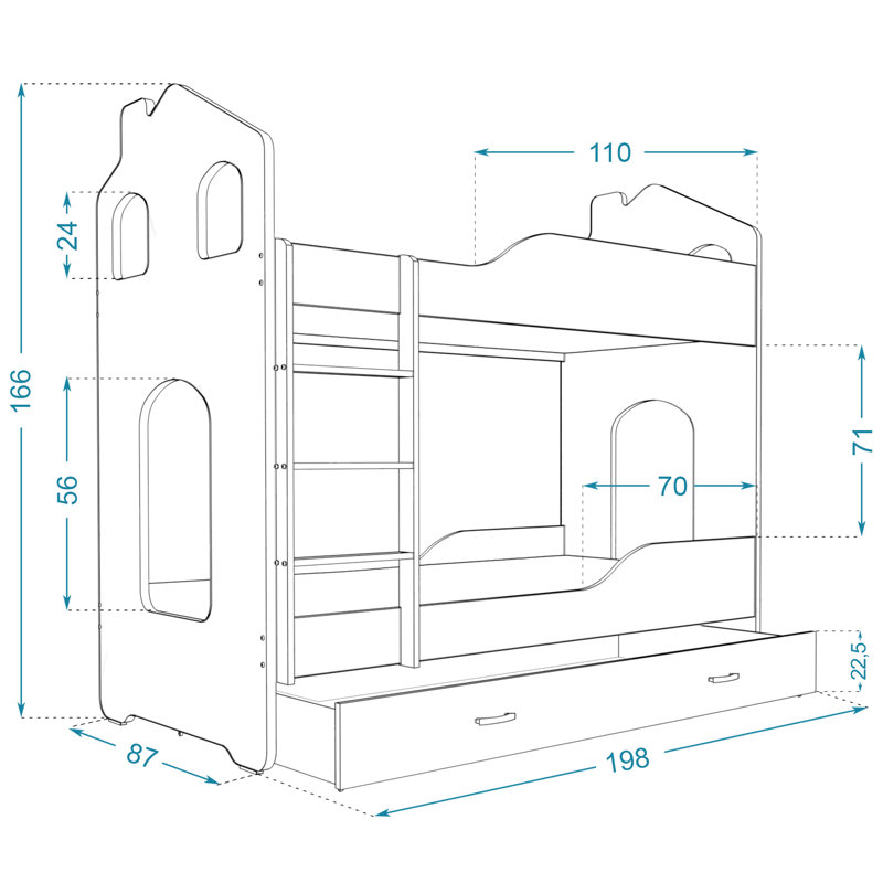 Ryland High Sleepers with Storage Included with Built-in Ladder Included, Pink/White, 80 x 190 cm