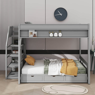  Keiari Wood Full Size Convertible Bunk Bed With Storage Staircase, Bedside Table, And 3 Drawers