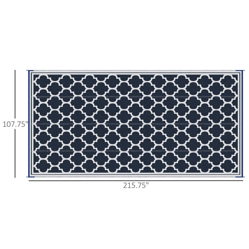 Tapis extérieur réversible Outsunny, tapis de paille en plastique imperméable 9 pi x 18 pi, tapis de camping portatifs pour camping-car avec sac de transport, grand tapis de sol pour la cour, le pont, le pique-nique, la plage, le bleu et le blanc