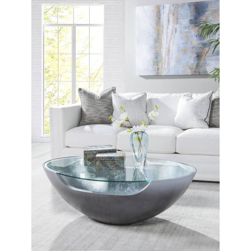 Modern Oval Glass Coffee Table with Silver Ombre Effect