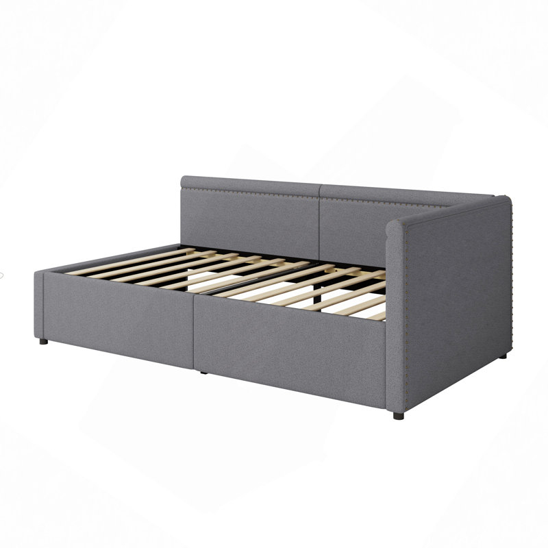 Lit de coin en L de style moderne, lit de jour rembourré en lin avec deux tiroirs de rangement, Gris