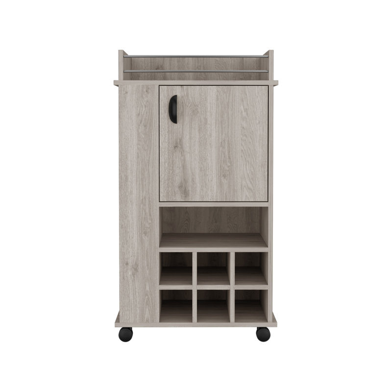 Chariot-bar avec armoire, 6 supports à vin intégrés et roulettes, Gris
