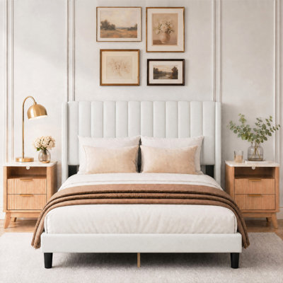 Celyn 3-Piece Bedroom Furniture Set - Upholstered Platform Bed With Wingback Headboard With 2 Wood Nightstands
