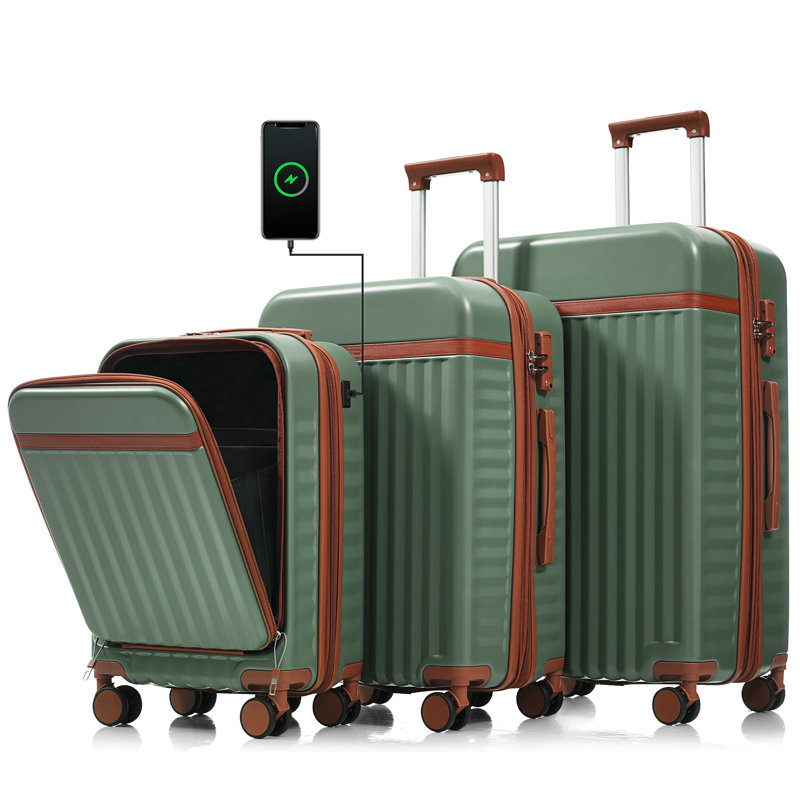 Ensemble de 3 valises, 20 pouces avec port USB, bagages à main certifiés à ouverture frontale, valise rigide en ABS avec roulettes, vert