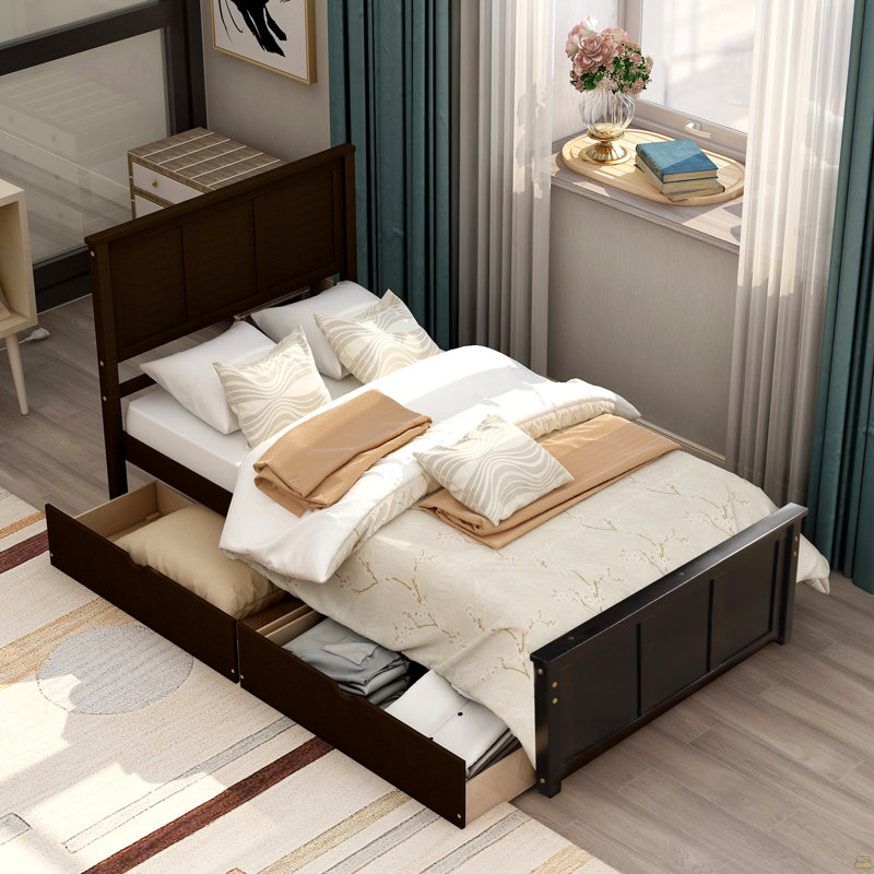 Lit plateforme avec rangement, 2 tiroirs avec roulettes, structure simple, Espresso