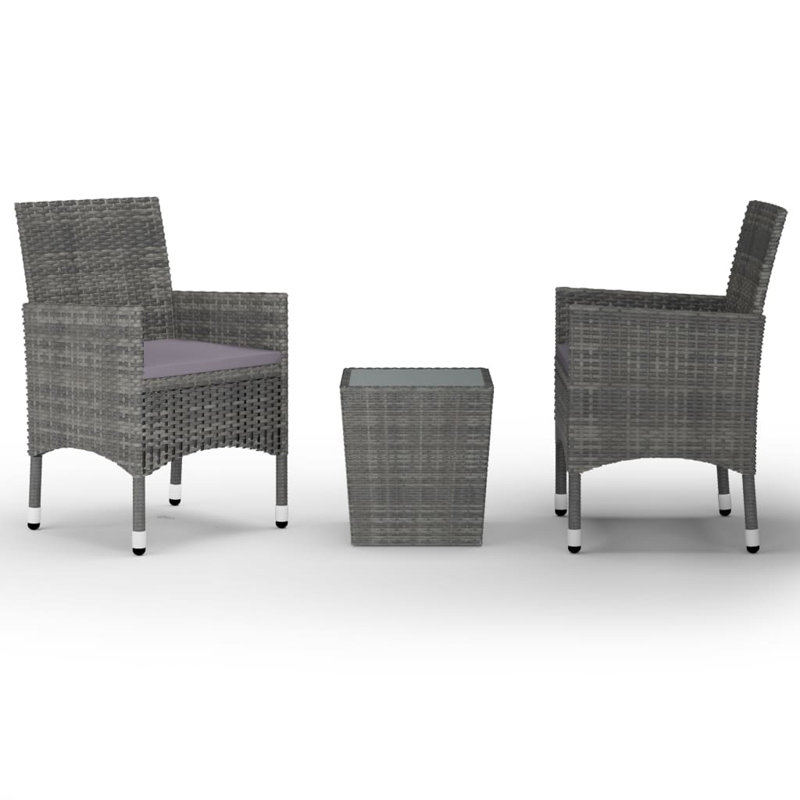 Bistro Set Patio Table and Chair Set Poly Rattan and Tempered Glass, Grey, Light Grey